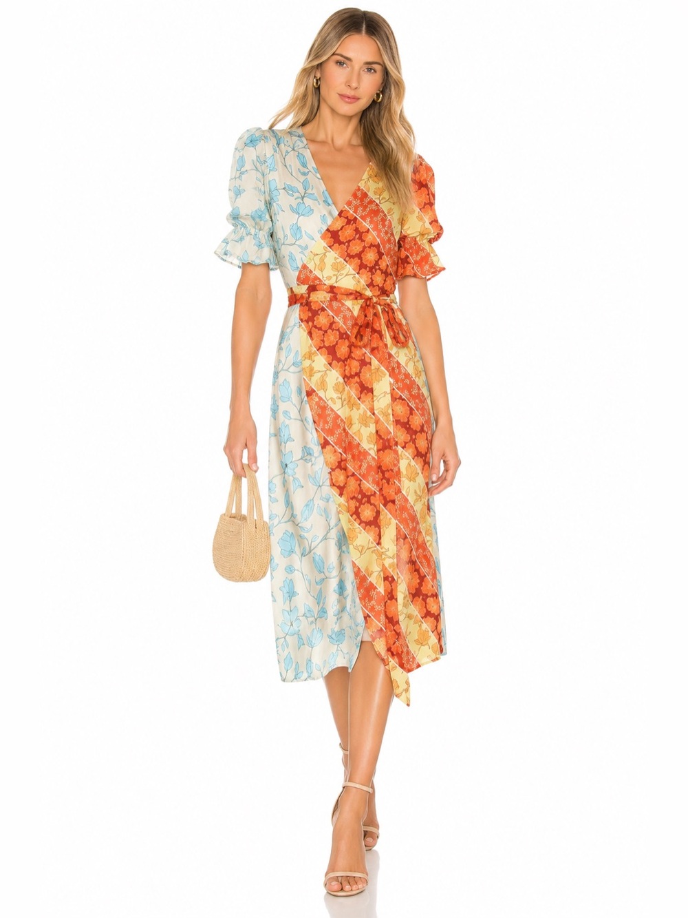Never fully dressed Floral Patchwork Wrap Midi Dress Ruffle Sleeve Multicolor
